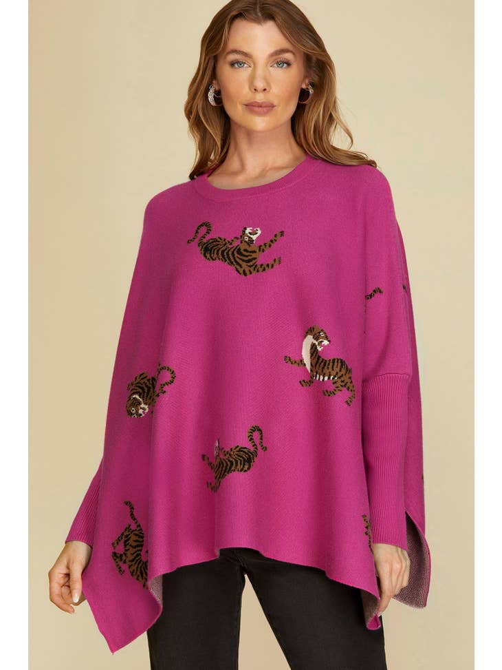 Long Sleeve Crew Neck Tiger Pattern Oversize Sweater -Pink