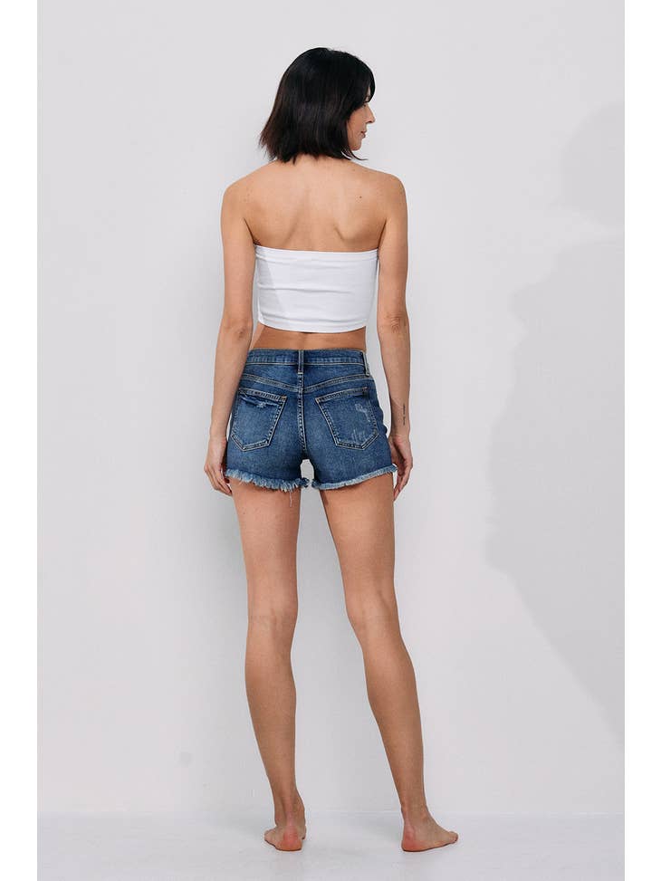 Mid rise denim shorts with distressing
