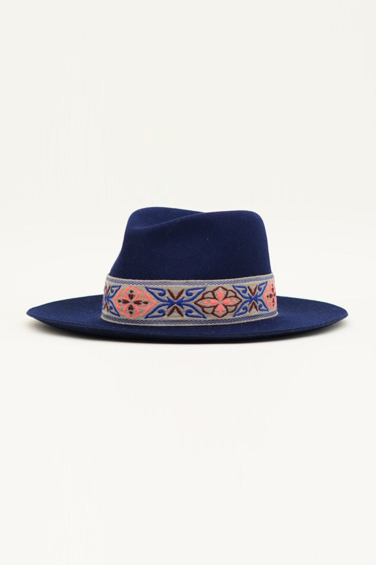 Olive & Pique - Navy Pinched Fedora with Detailed Band