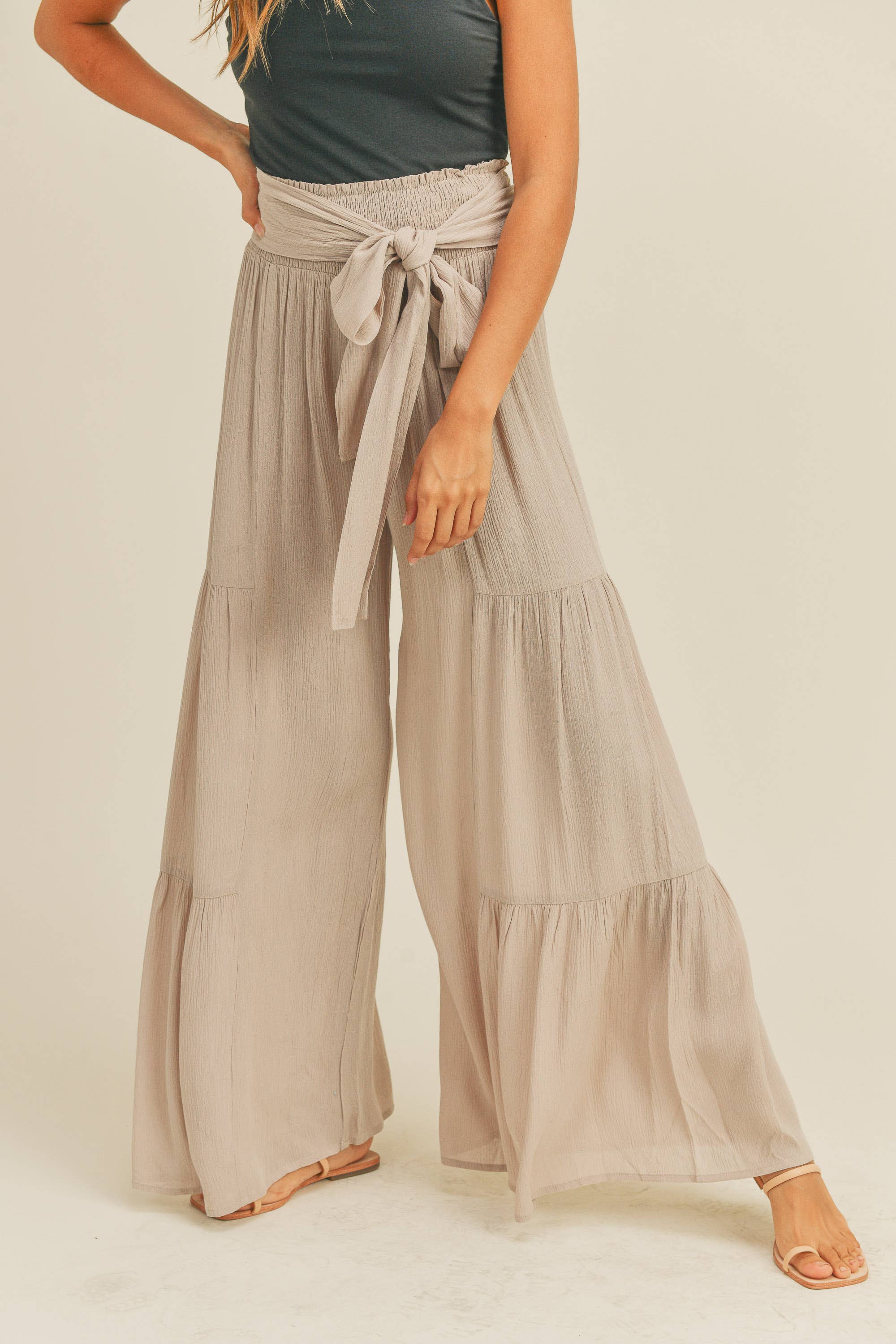 RAYON TIERED DETAIL PANTS -Taupe