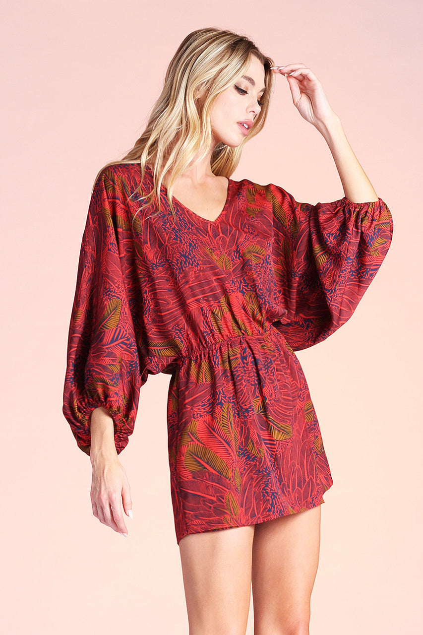 Tyche - Luxe Feather Print V-Neck Dolman Romper