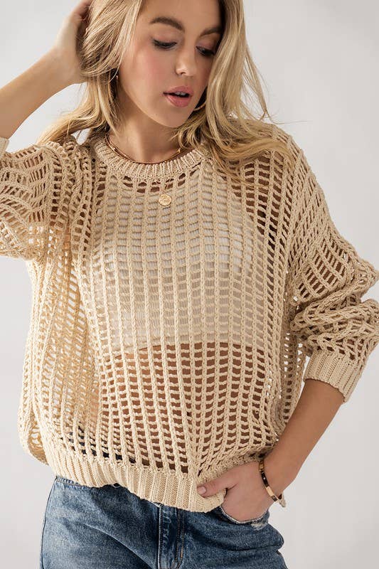 HOLLOW OUT CROCHET LONG SLEEVE KNIT SWEATER TOP