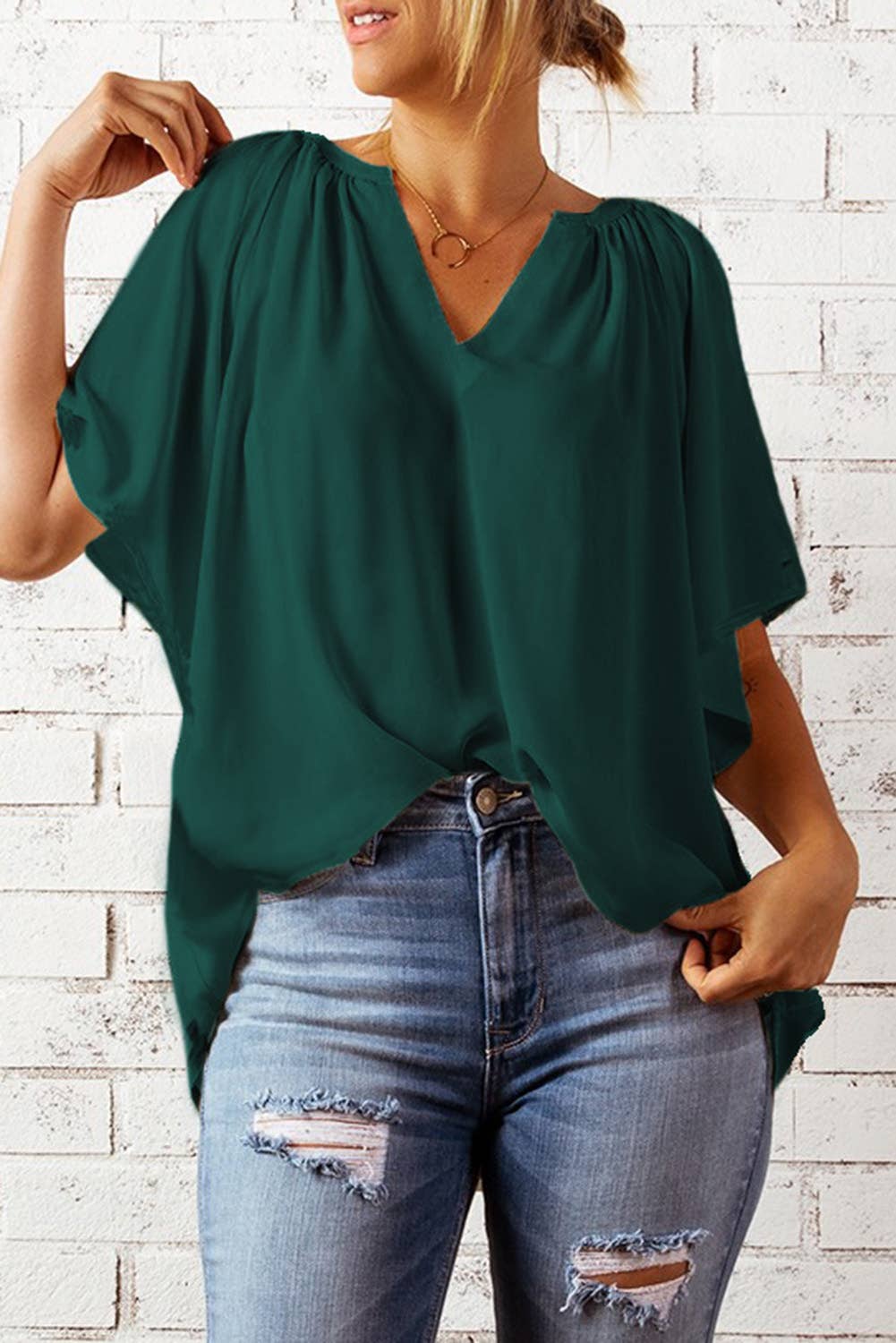 Split Neck Pleated Loose Top For Women