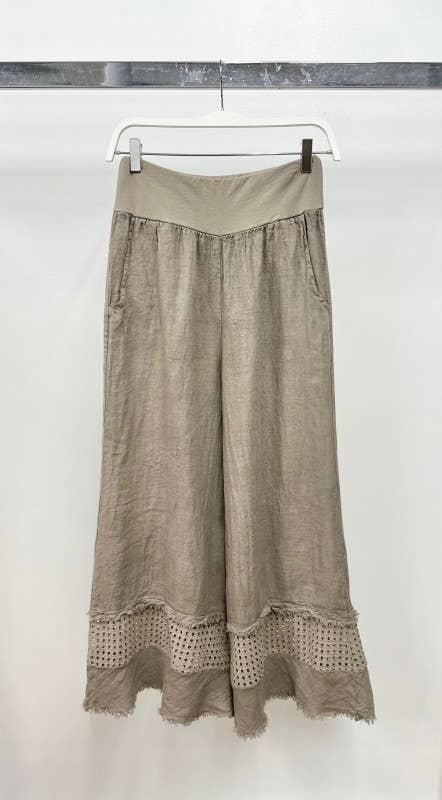 VENTI6 - FRINGE HEM EYELET CONTRAST WIDE LEG LINEN PANTS