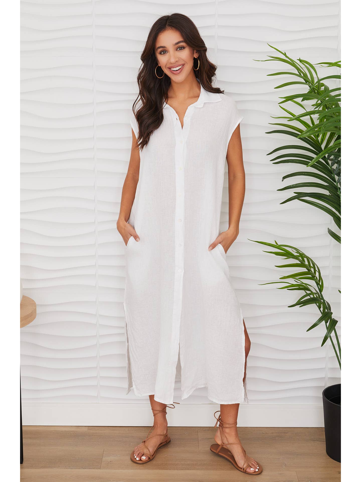 Long Crinkle Linen Sleeveless Dress