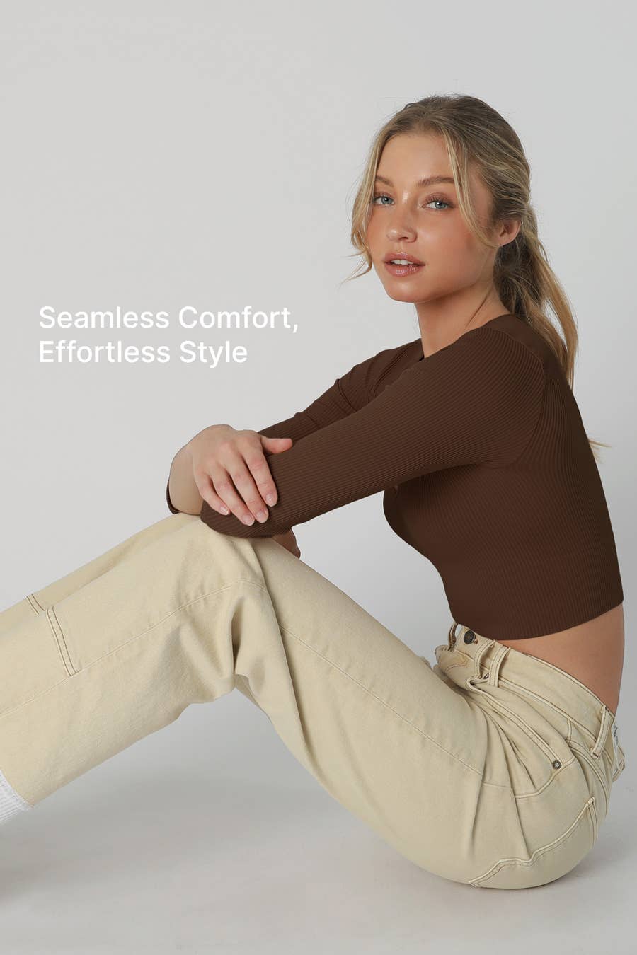 NIKIBIKI  Ribbed 3/4 Sleeve V Neck Crop Top