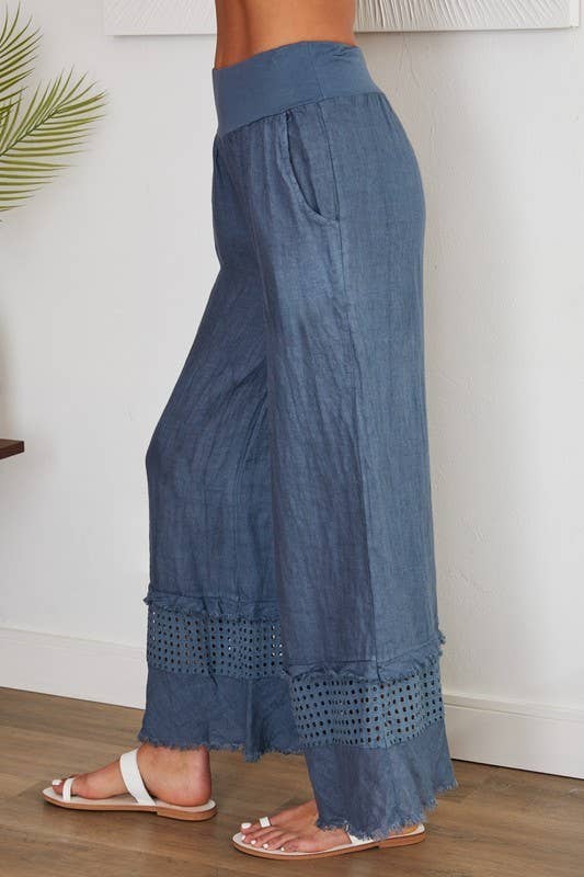 VENTI6 - FRINGE HEM EYELET CONTRAST WIDE LEG LINEN PANTS