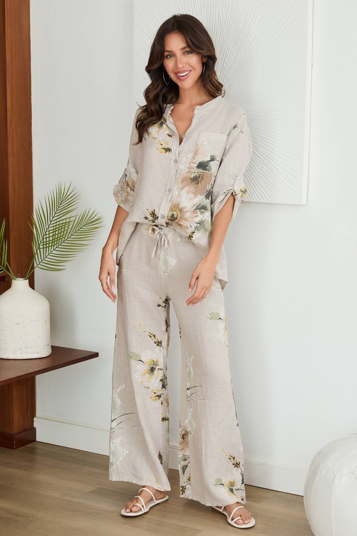 VENTI6 - MAGNOLIA FLOWERS PRINT LINEN WIDE LEG PANTS