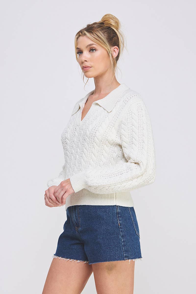 Allie Rose - Cable Knit Johnny Collar Pullover