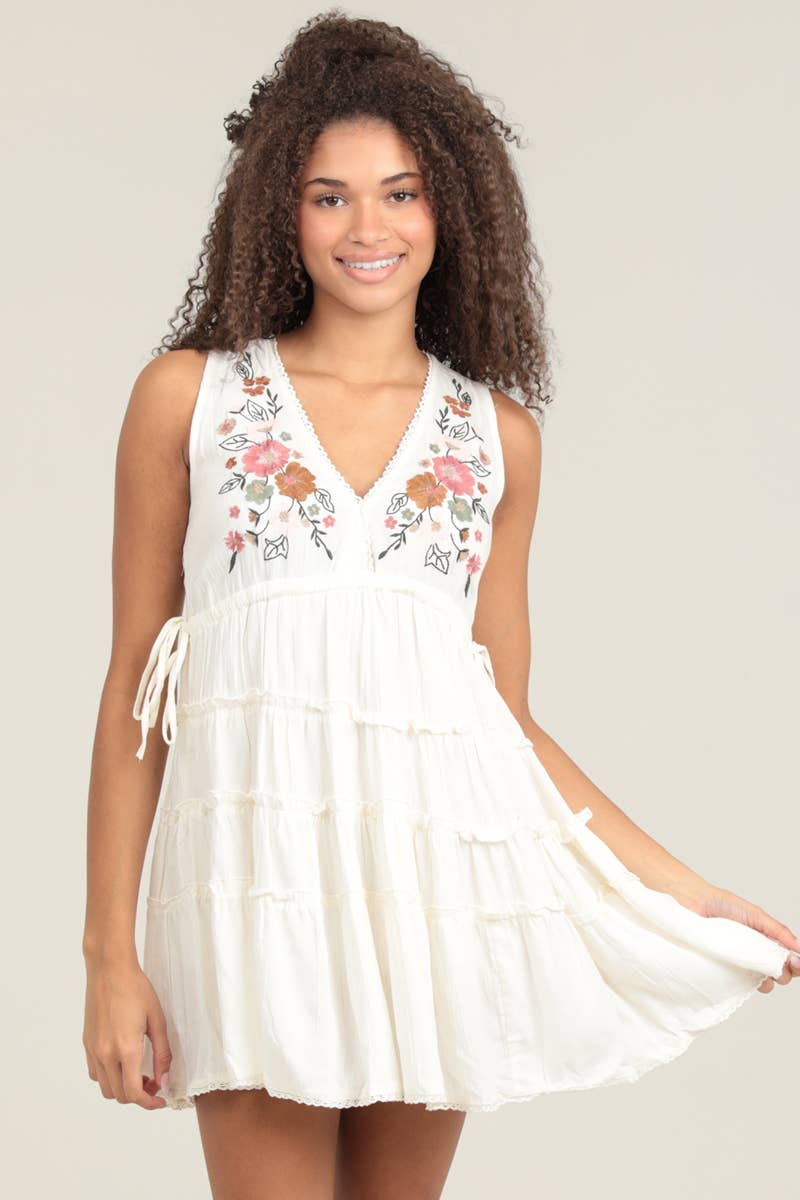 EMBROIDERED V NECK TANK DRESS