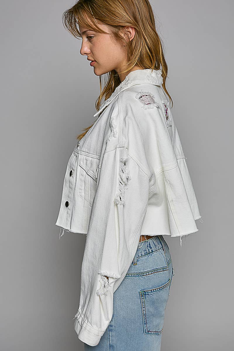 Cropped distressed raw edge denim jacket