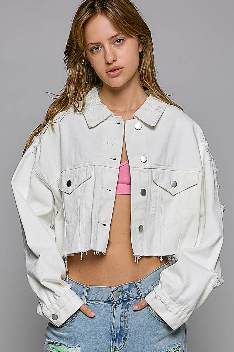 Cropped distressed raw edge denim jacket
