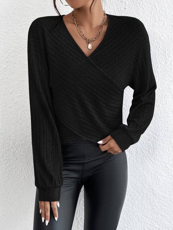 Solid V-Neck Cross Loose Long Sleeves Blouse