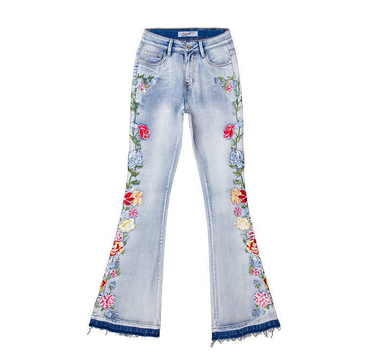 Floral embellished flare light blue jeans