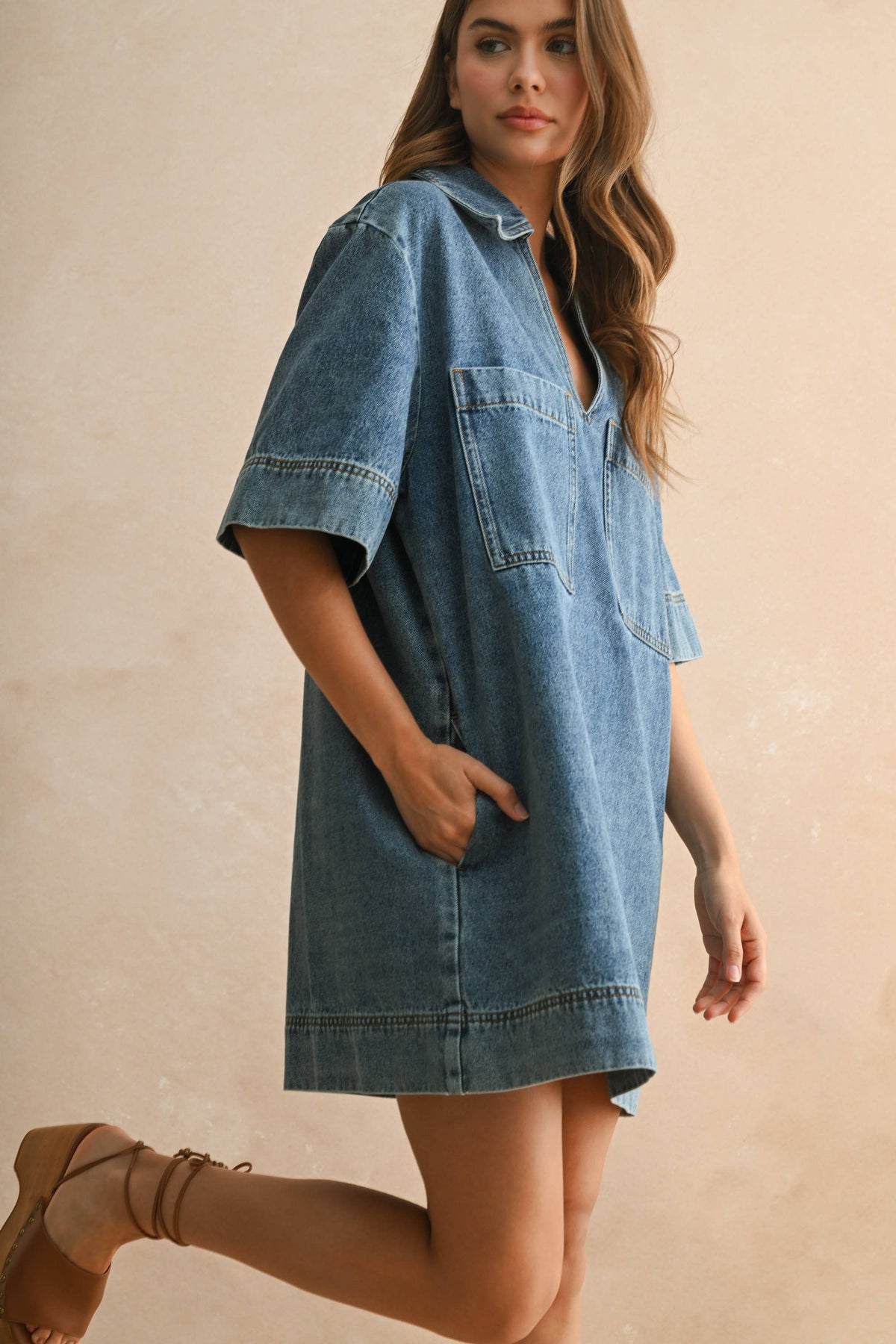 SHELLY V-NECK DENIM TUNIC DRESS