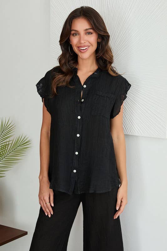 VENTI6 - SHORT SLEEVE CHEST POCKET BUTTON DOWN LINEN TOP (8093)