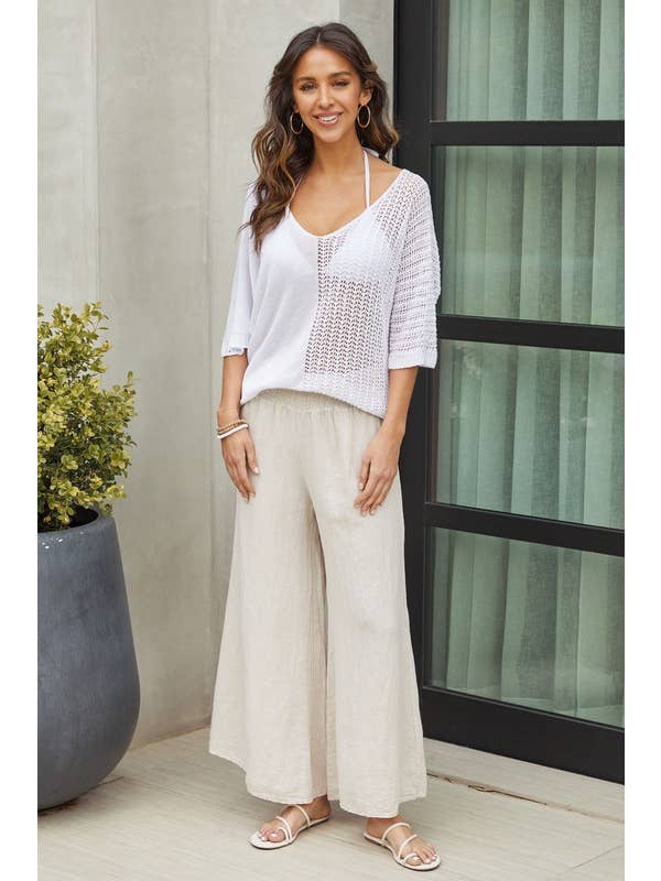 Elastic Smocked Waist Linen Wide Leg Palant