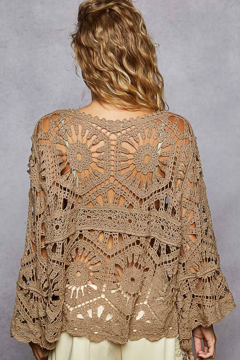 Pol Clothing - Round neck 3/4 sleeve crochet cropped top