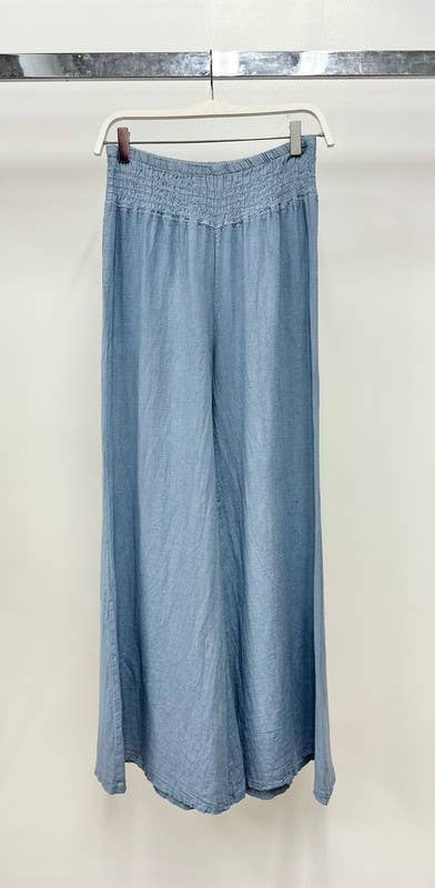 VENTI6 - ELASTIC SMOCKED WAIST LINEN WIDE LEG PANT
