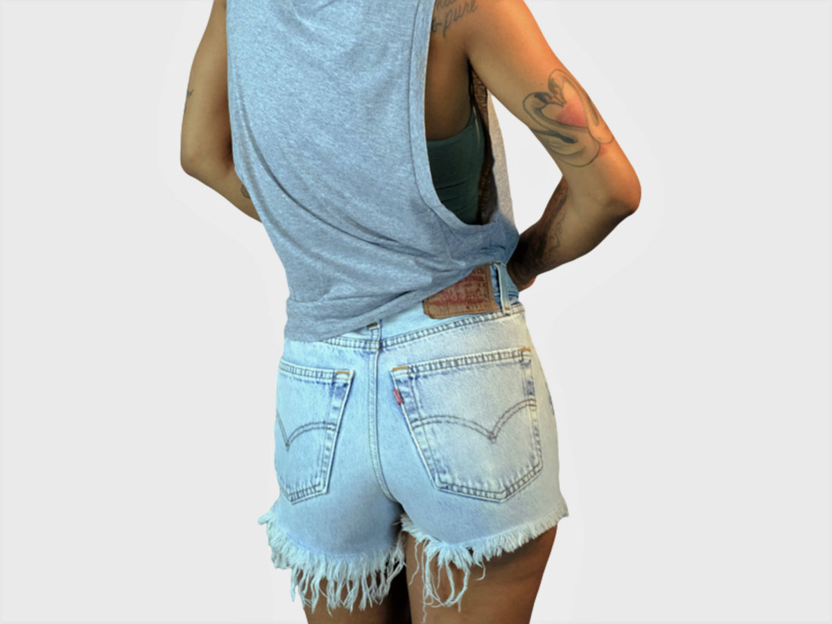 Sun&#39;s Out! - High-Rise Upcycled Denim Cutoff Shorts - Original