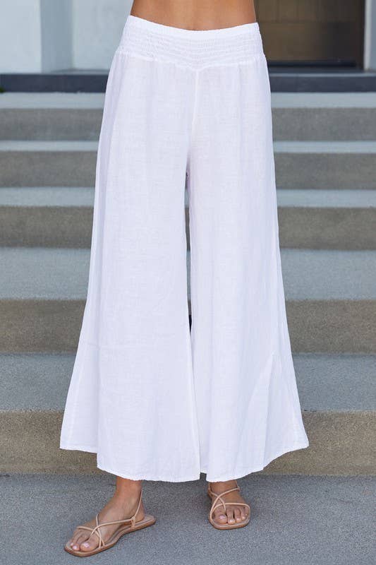 VENTI6 - ELASTIC SMOCKED WAIST LINEN WIDE LEG PANT