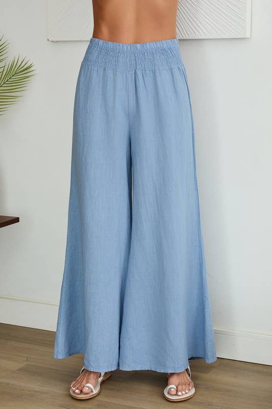 VENTI6 - ELASTIC SMOCKED WAIST LINEN WIDE LEG PANT