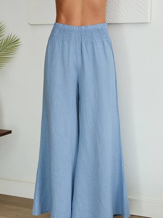 Elastic Smocked Waist Linen Wide Leg Palant