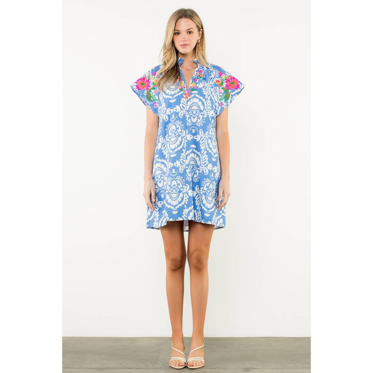 Embroidered Sleeve Split Neck Dress