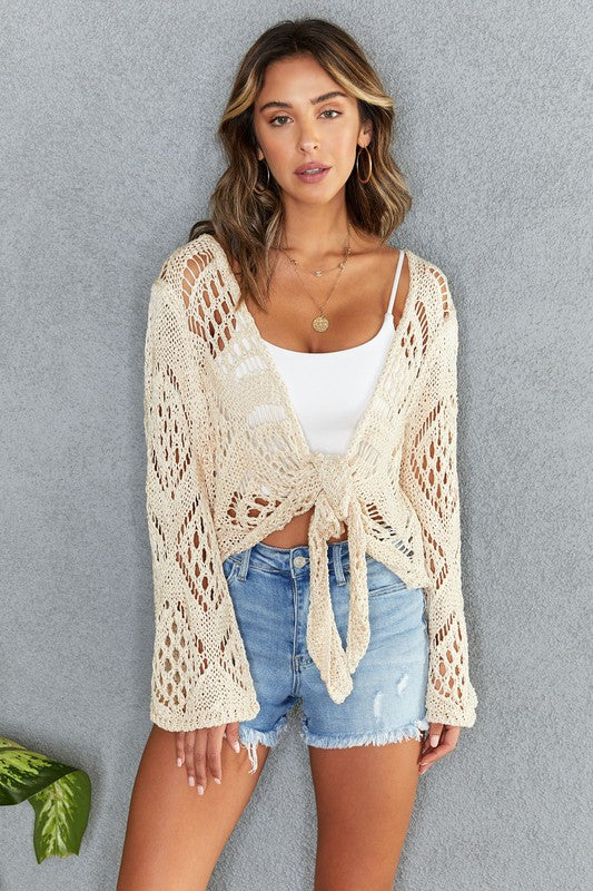 Venti6 Tie Front Cover Up Loose Crochet Top- Apricot