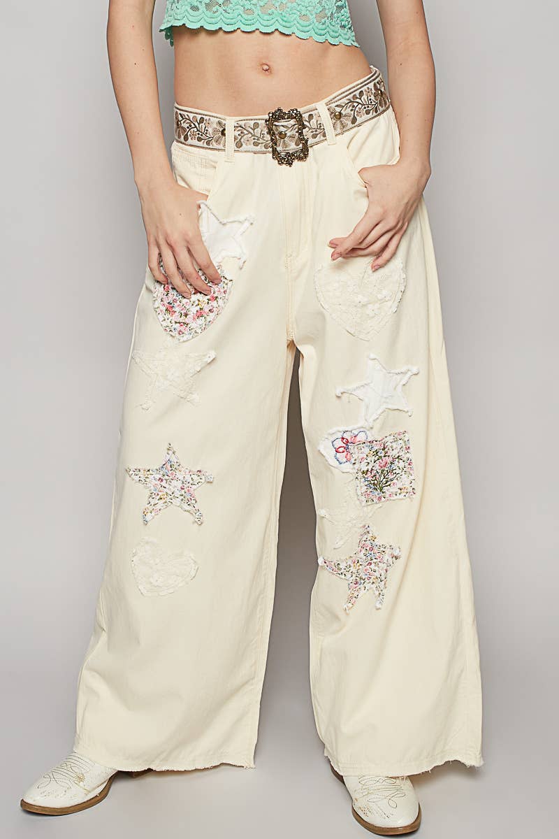 Pol Clothing - Embroidery solid floral wide denim pants