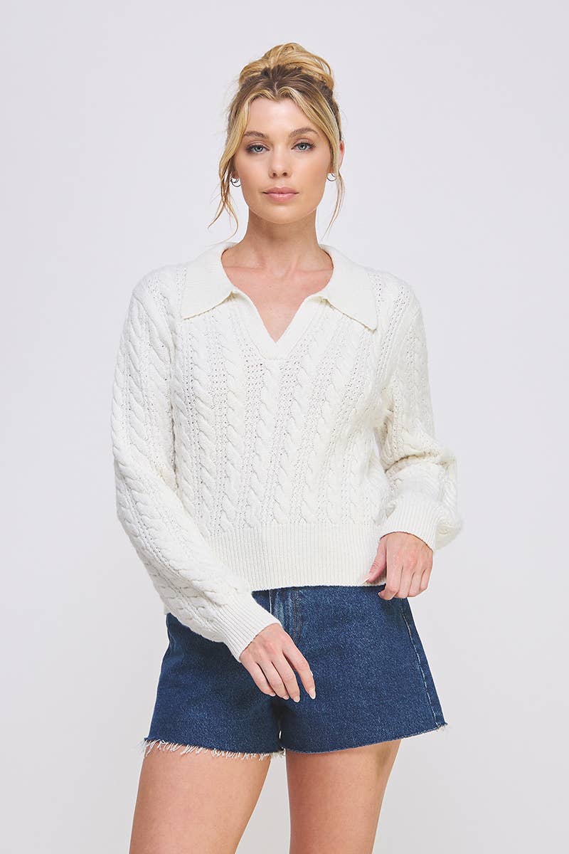 Allie Rose - Cable Knit Johnny Collar Pullover