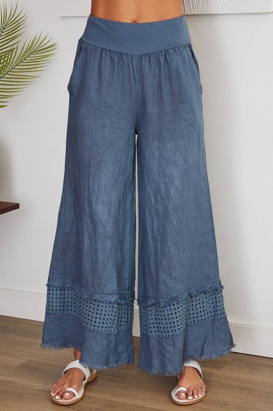 VENTI6 - FRINGE HEM EYELET CONTRAST WIDE LEG LINEN PANTS