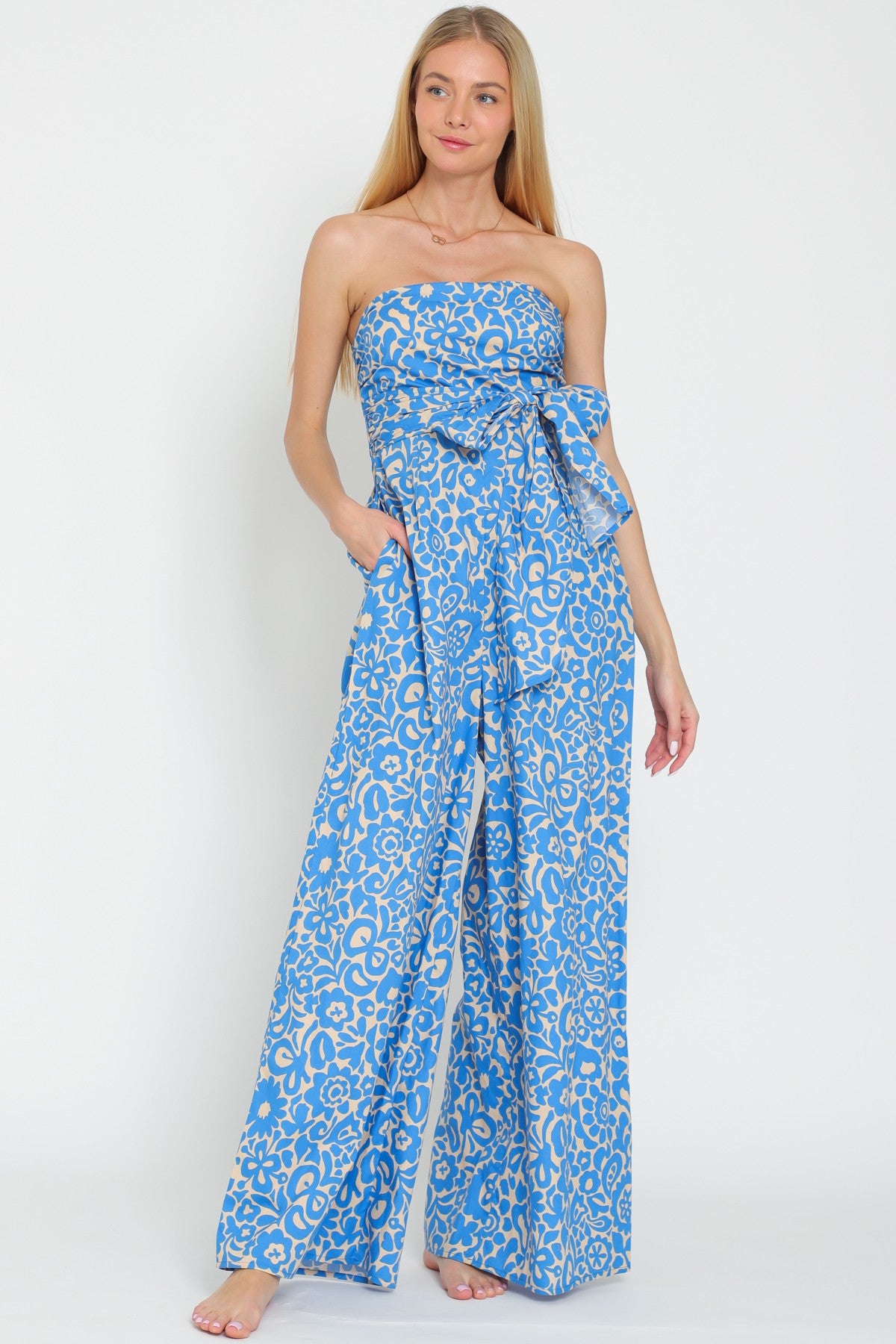 TUBE SMOCKED TIE FRONT WAISTED JUMPSUIT