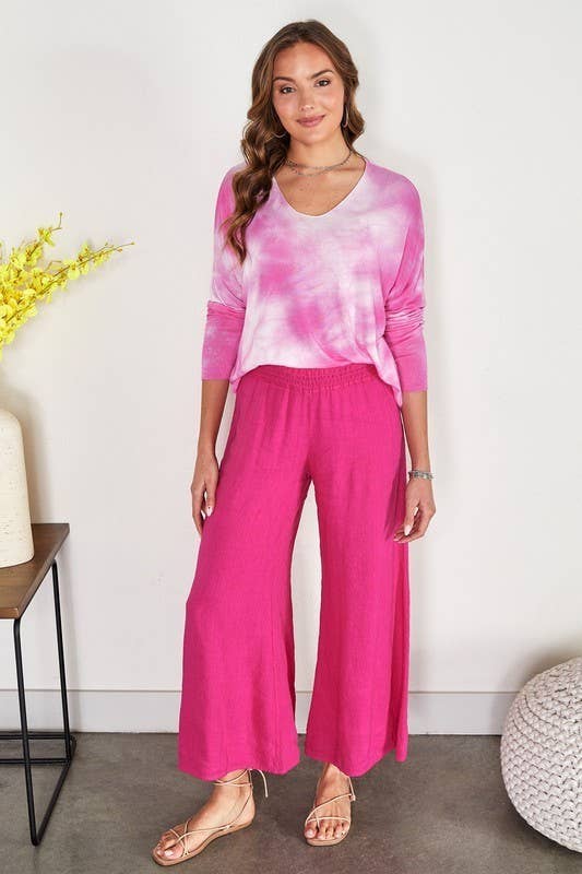 VENTI6 - ELASTIC SMOCKED WAIST LINEN WIDE LEG PANT