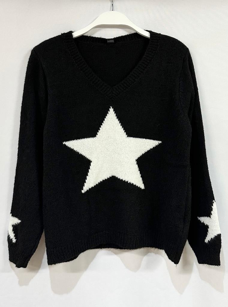 Knitted Stars V-Neck Sweater- Black