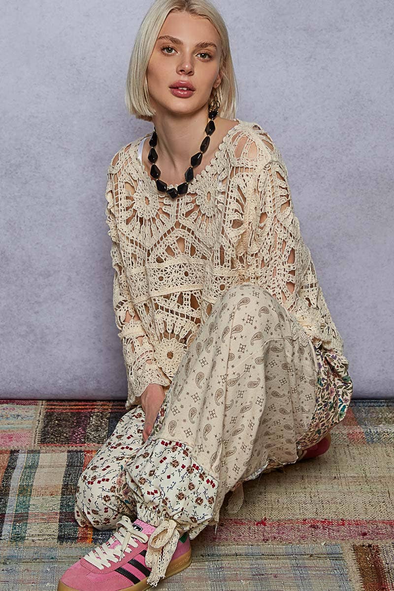 Pol Clothing - Round neck 3/4 sleeve crochet cropped top