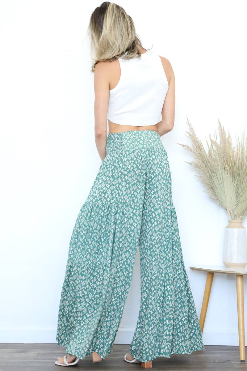 ANGIE CACTUS PRINT WIDE LEG TIERED PANTS WITH TIE WAIST