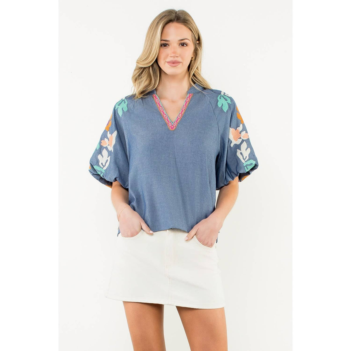 Embroidered Puff Sleeve V-Neck Top