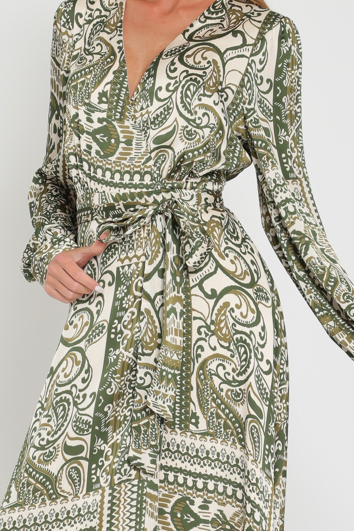 Lucky Brand Women's Green Paisley Printed Maxi Dress Long Sleeve Size Small  READ