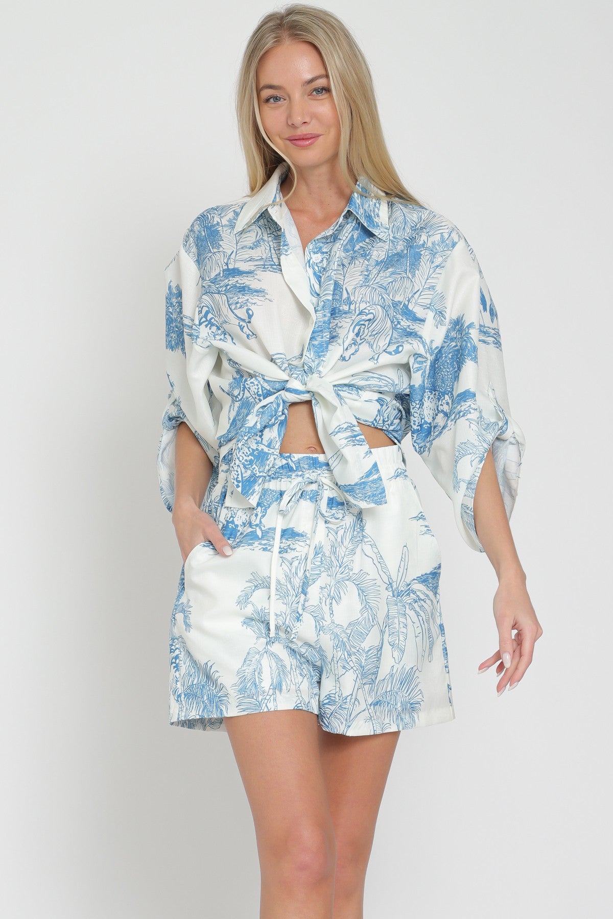 Blue Printed Roll-up Sleeve Shirt and Shorts Set