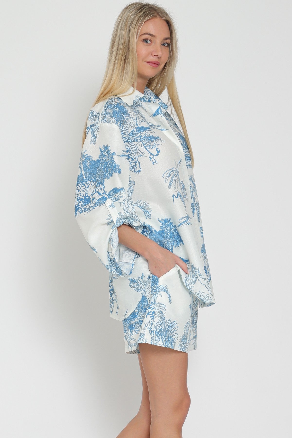 Blue Printed Roll-up Sleeve Shirt and Shorts Set