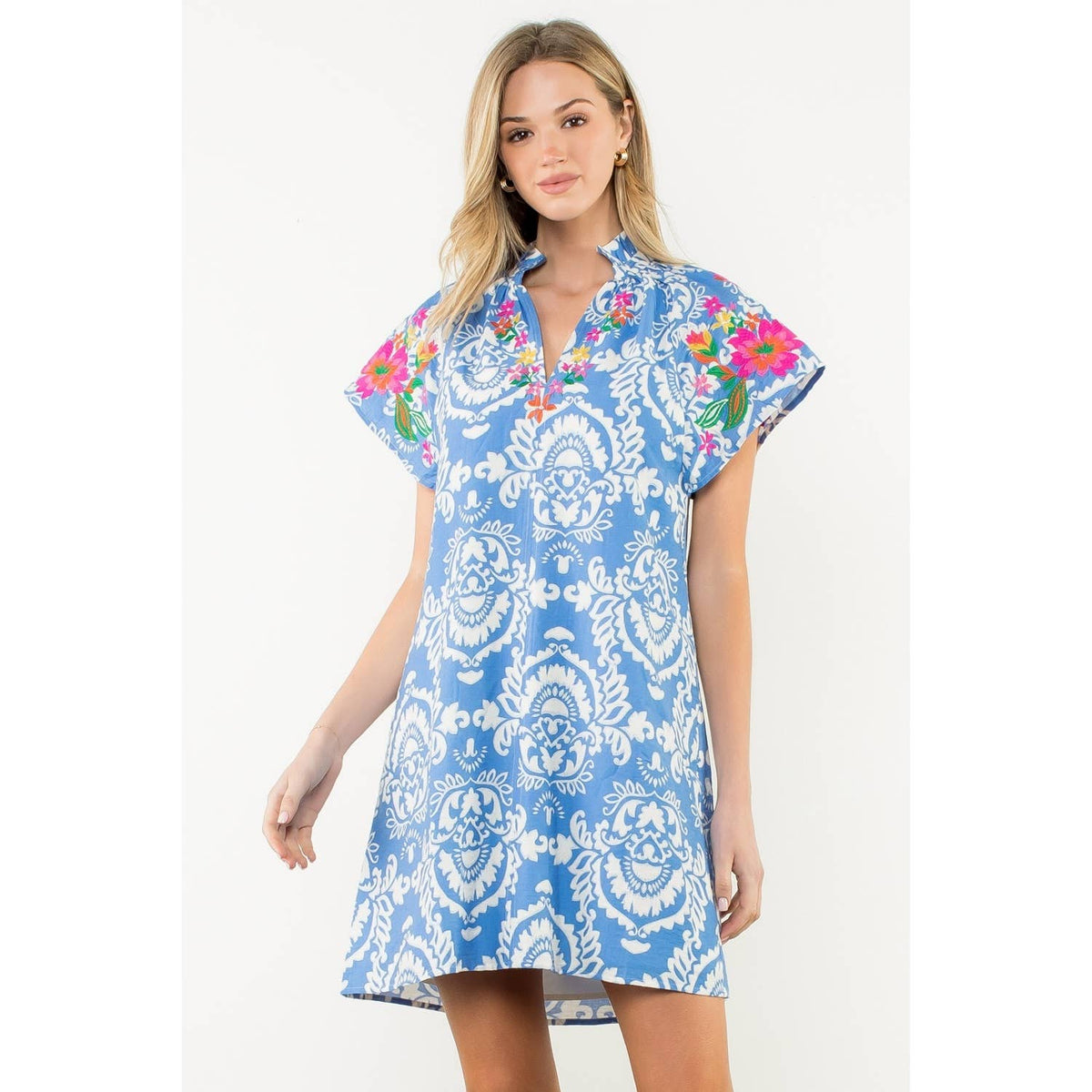 Embroidered Sleeve Split Neck Dress