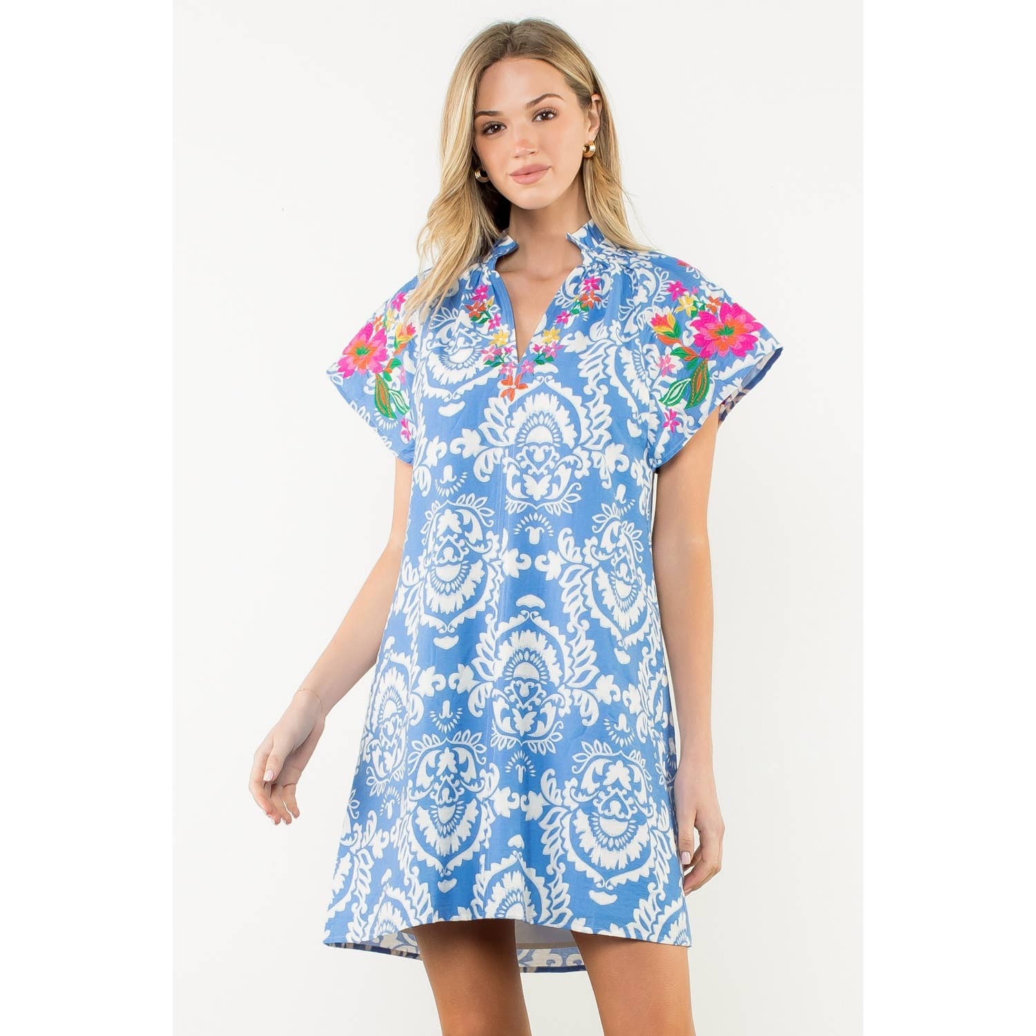 Embroidered Sleeve Split Neck Dress