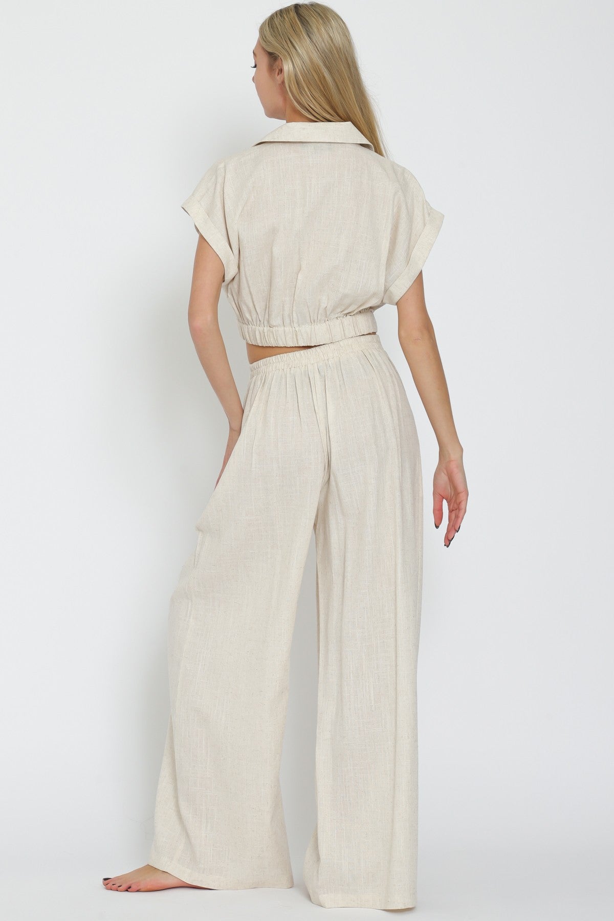 Ecru Linen Top &amp; Long Pants Set
