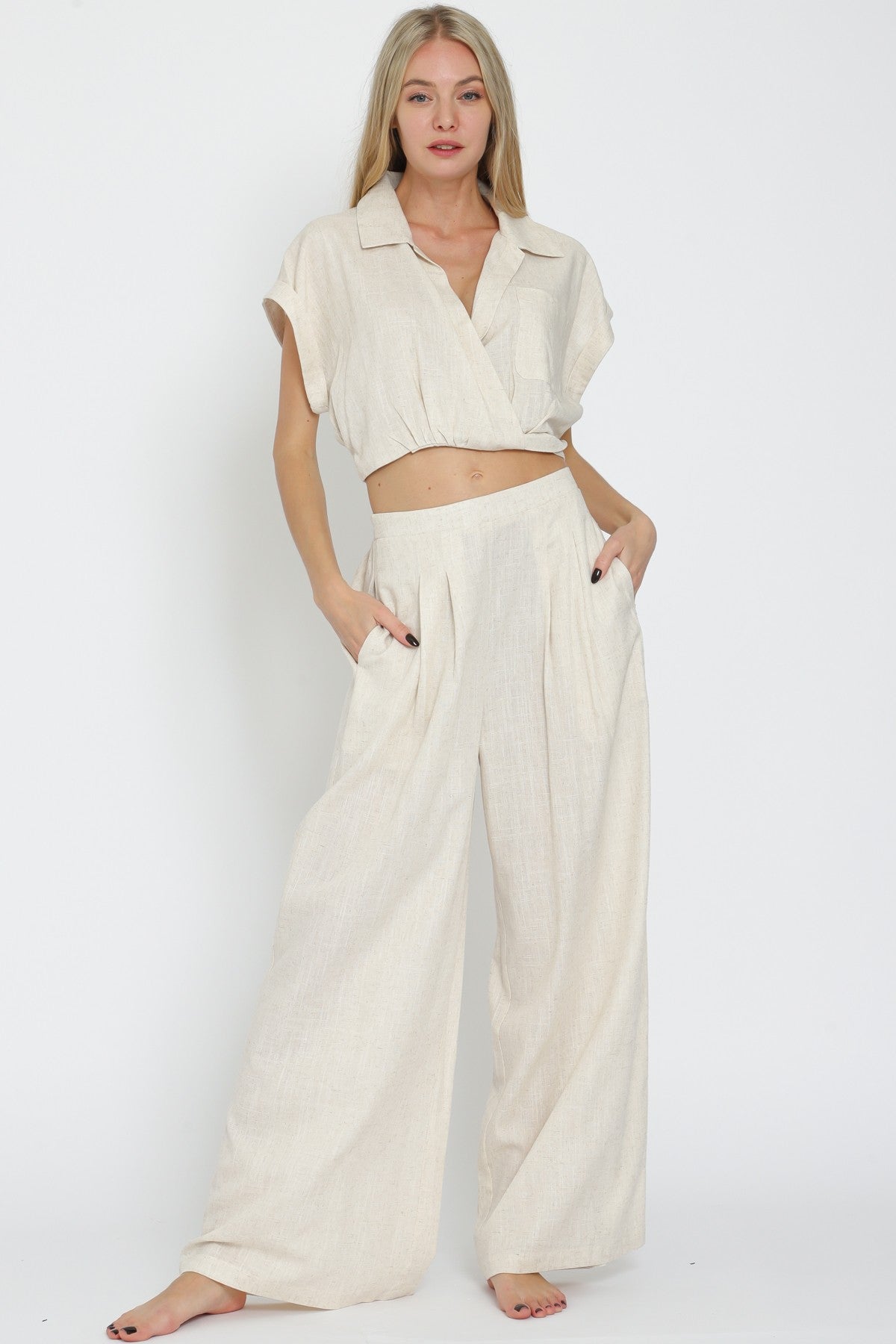 Ecru Linen Top & Long Pants Set