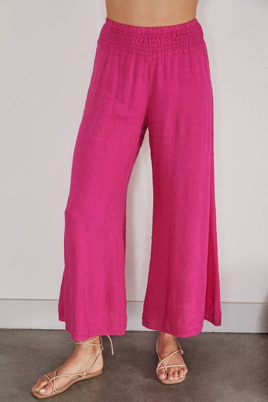 VENTI6 - ELASTIC SMOCKED WAIST LINEN WIDE LEG PANT