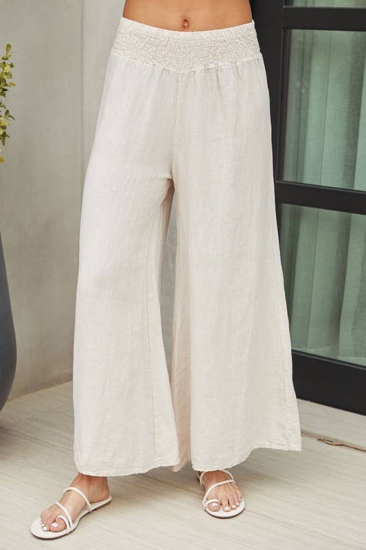 VENTI6 - ELASTIC SMOCKED WAIST LINEN WIDE LEG PANT