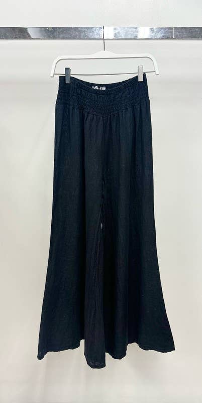 VENTI6 - ELASTIC SMOCKED WAIST LINEN WIDE LEG PANT