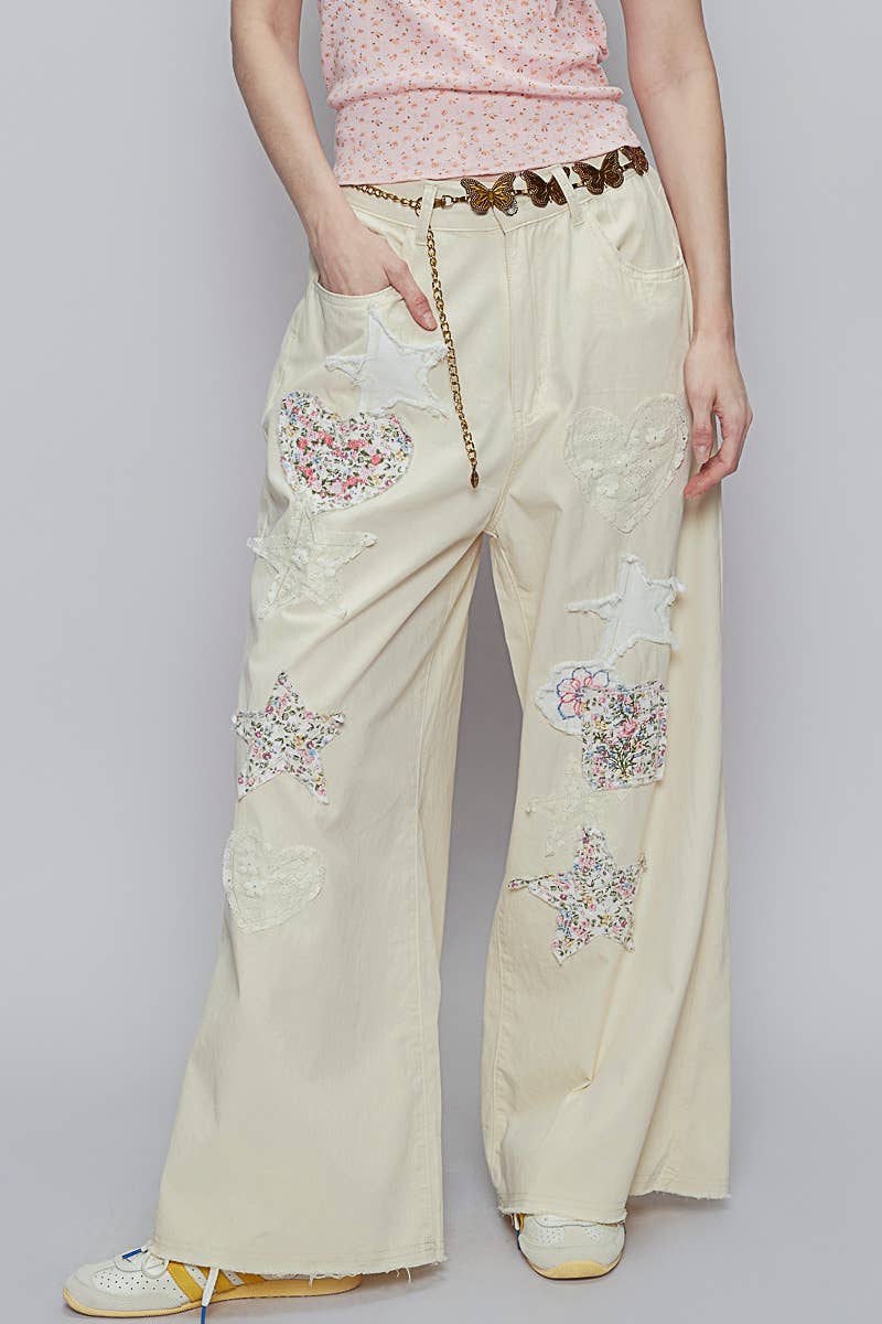 Pol Clothing - Embroidery solid floral wide denim pants