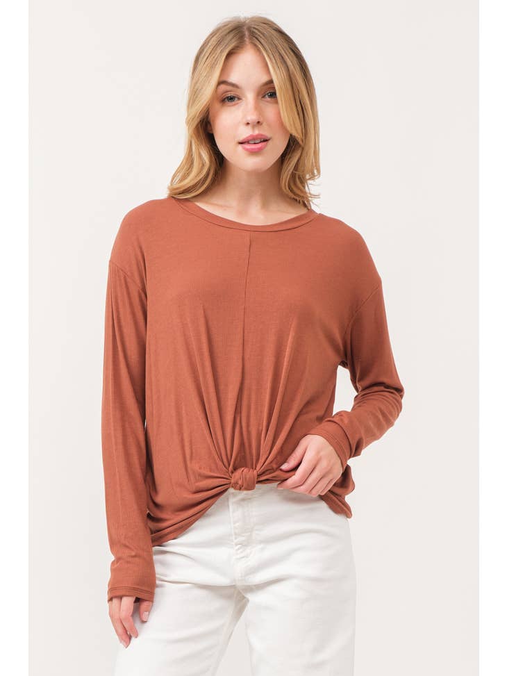 RIBBED FRONT KNOT LONG SLEEVE TOP